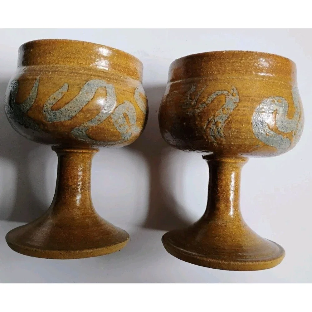 Vintage 1970s The Pottery Hawaii Steak House Stoneware Wine Goblets Pair